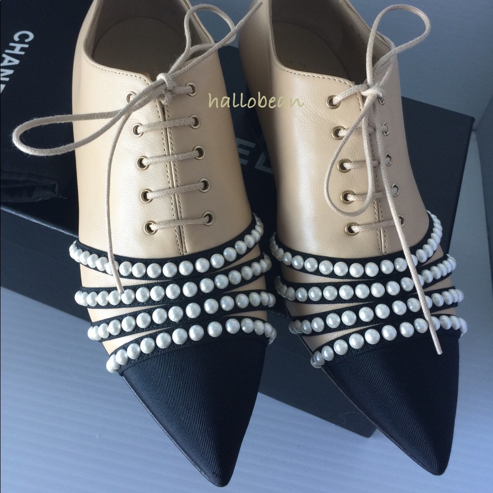 CHANEL Beige Black Point Toe Faux Pearl Loafers